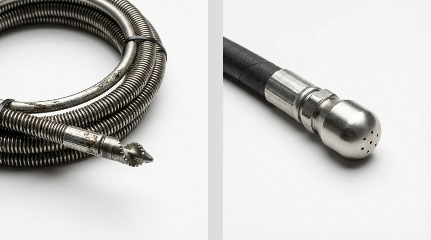 Drain snake cable and hydro jetting nozzle used for drain cleaning in Medford, OR