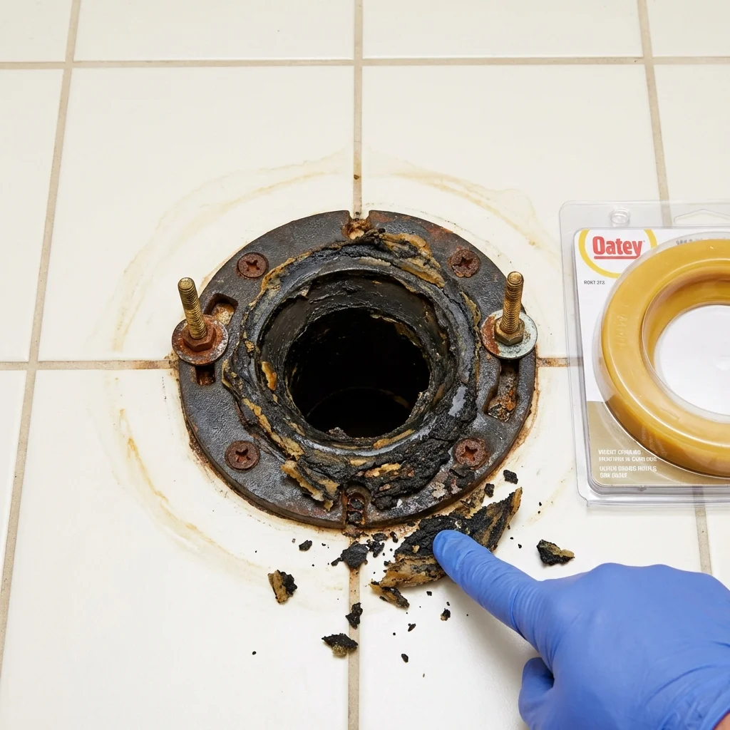 Failed wax ring showing water seepage at the base of a toilet in a Medford, OR home