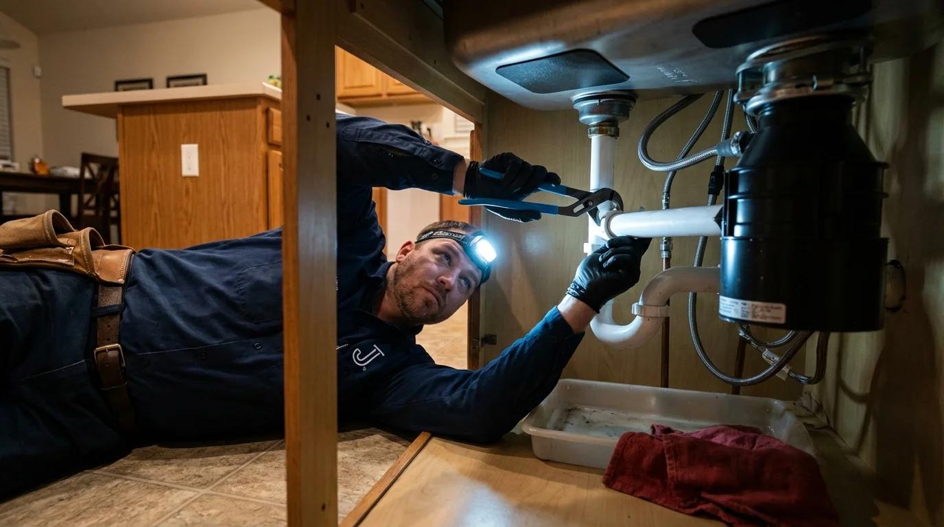 P-trap and supply line connections under a kitchen sink showing a common leak point in Medford, OR